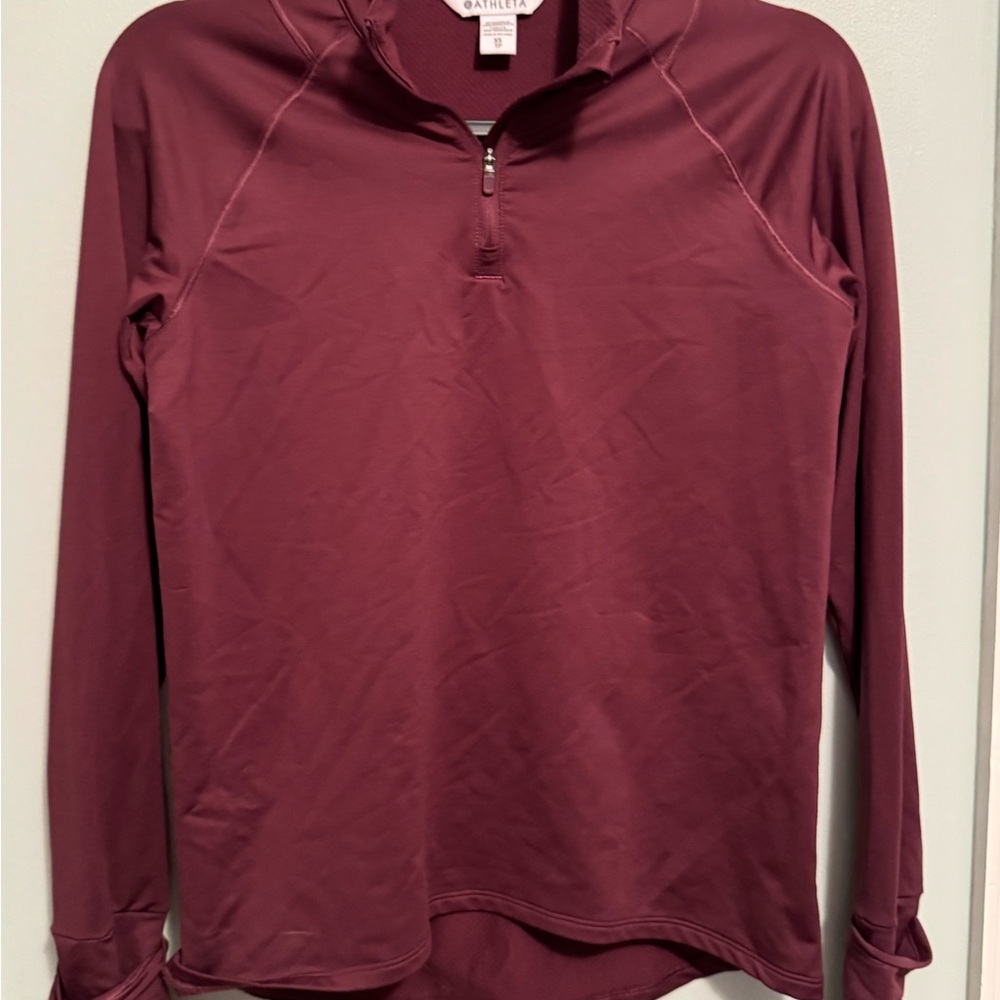 Athleta Burgundy Quarter-Zip Athletic Thumb hole cuffs phone pocket Scuba XS